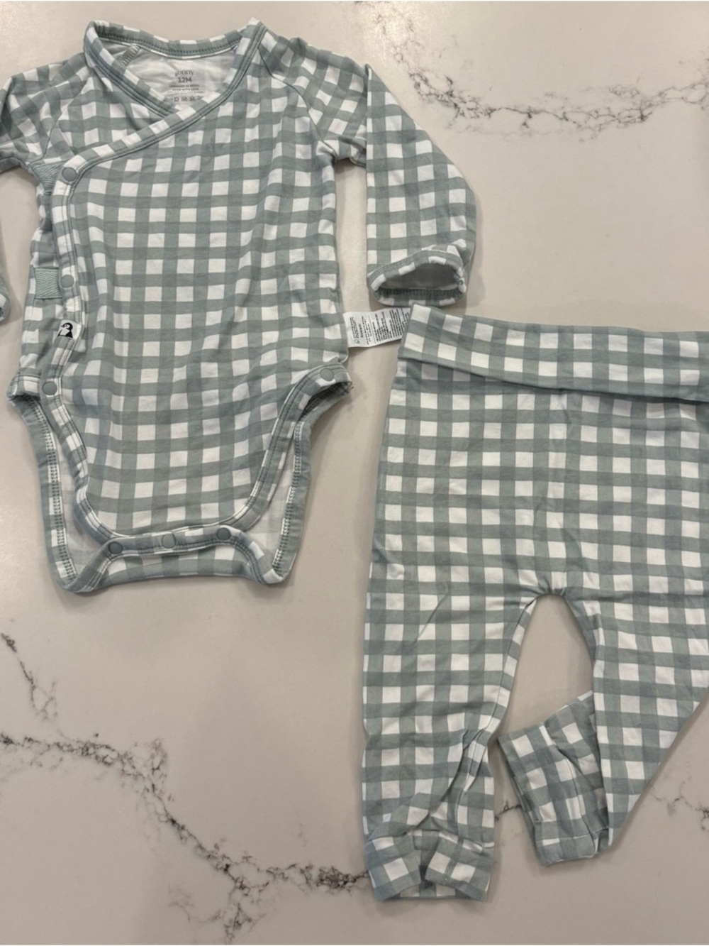 Konny Baby Gingham Cotton-Bamboo Two-Piece Bodysuit & Legging Lounge Set Sage
